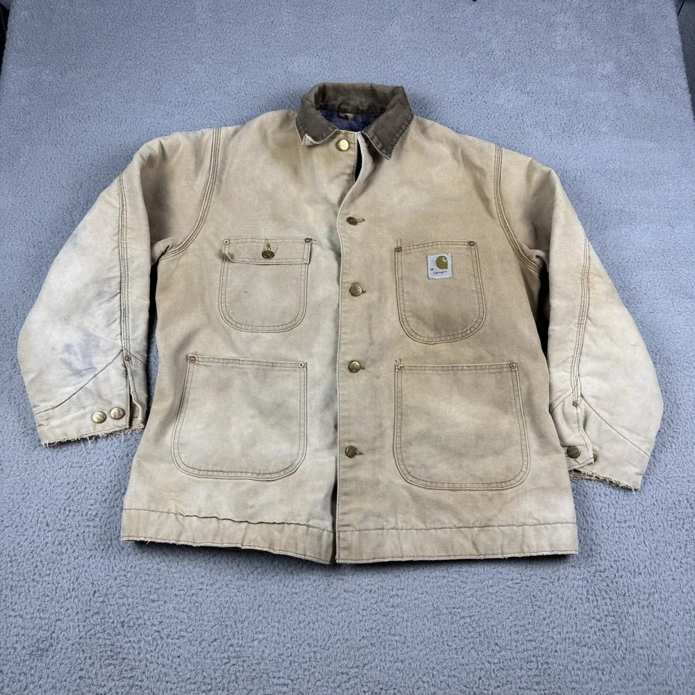 Vtg Carhartt Jacket Size 44 Tan Blanket Lined 70s Chore Coat Canvas 6BLCL C06